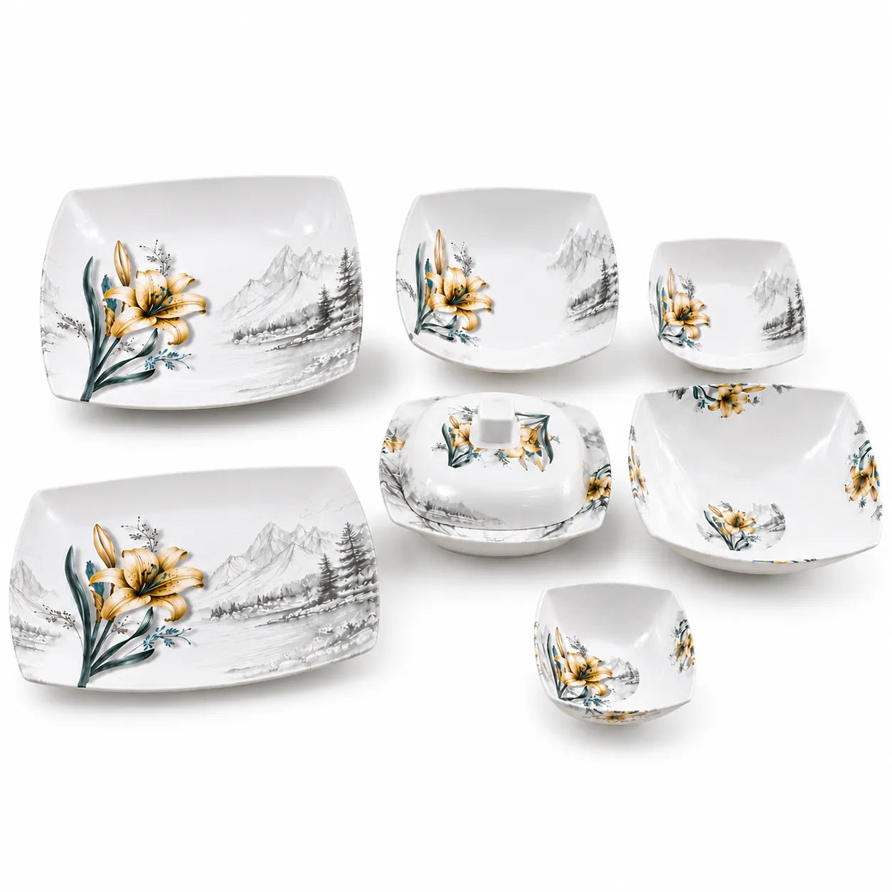 Melamine Sq Print Double Glaze Dinner Set