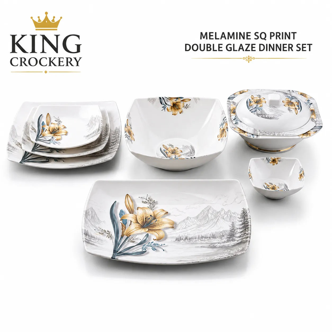 Melamine Sq Print Double Glaze Dinner Set