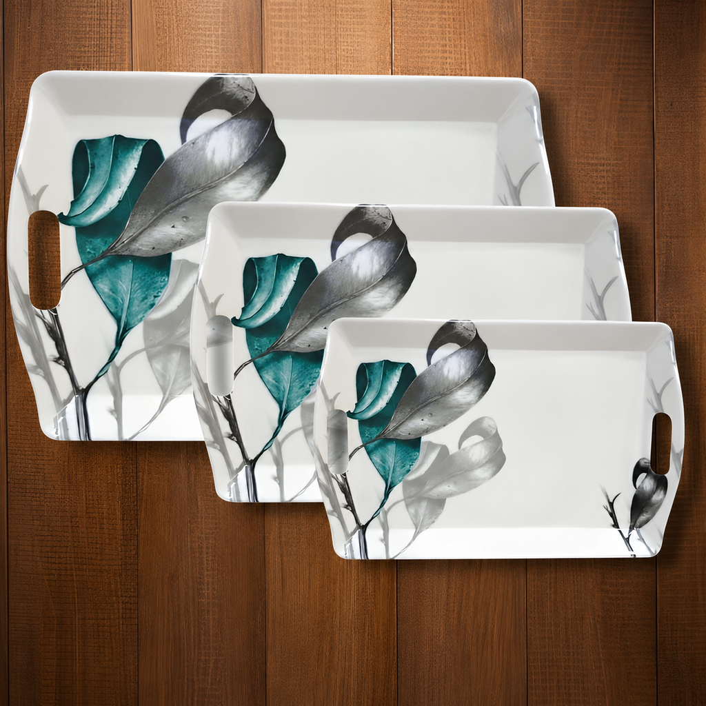 Handle Flower Printed Melamine Serving Tray In 4 Sizes