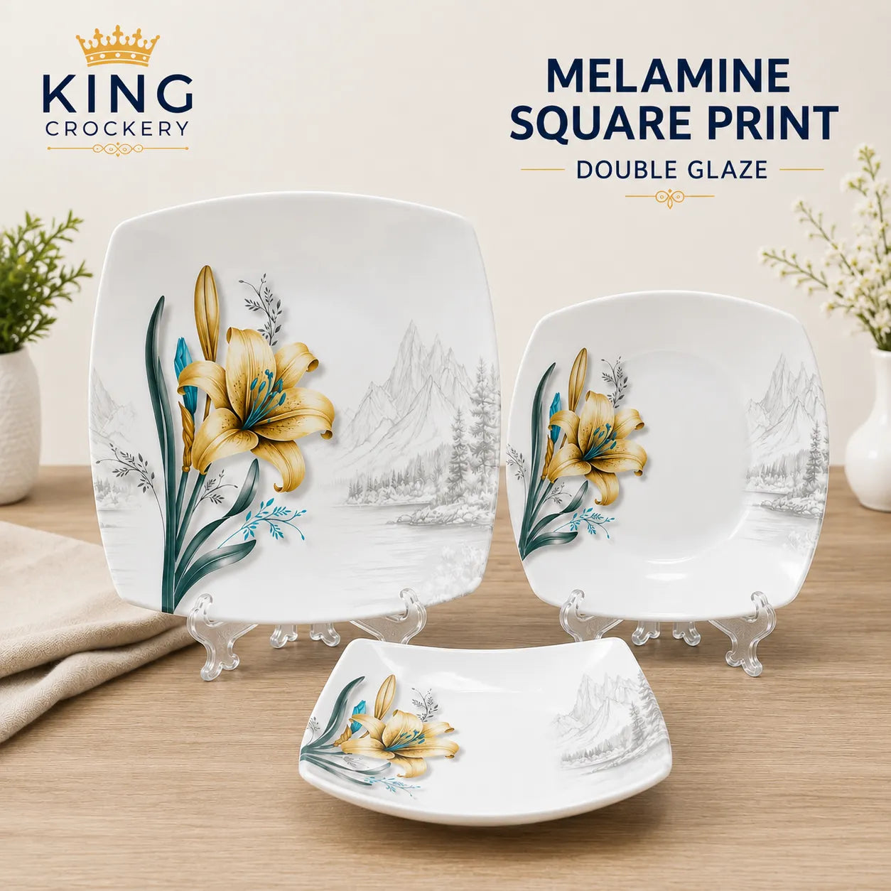 Melamine Sq Print Double Glaze Dinner Set