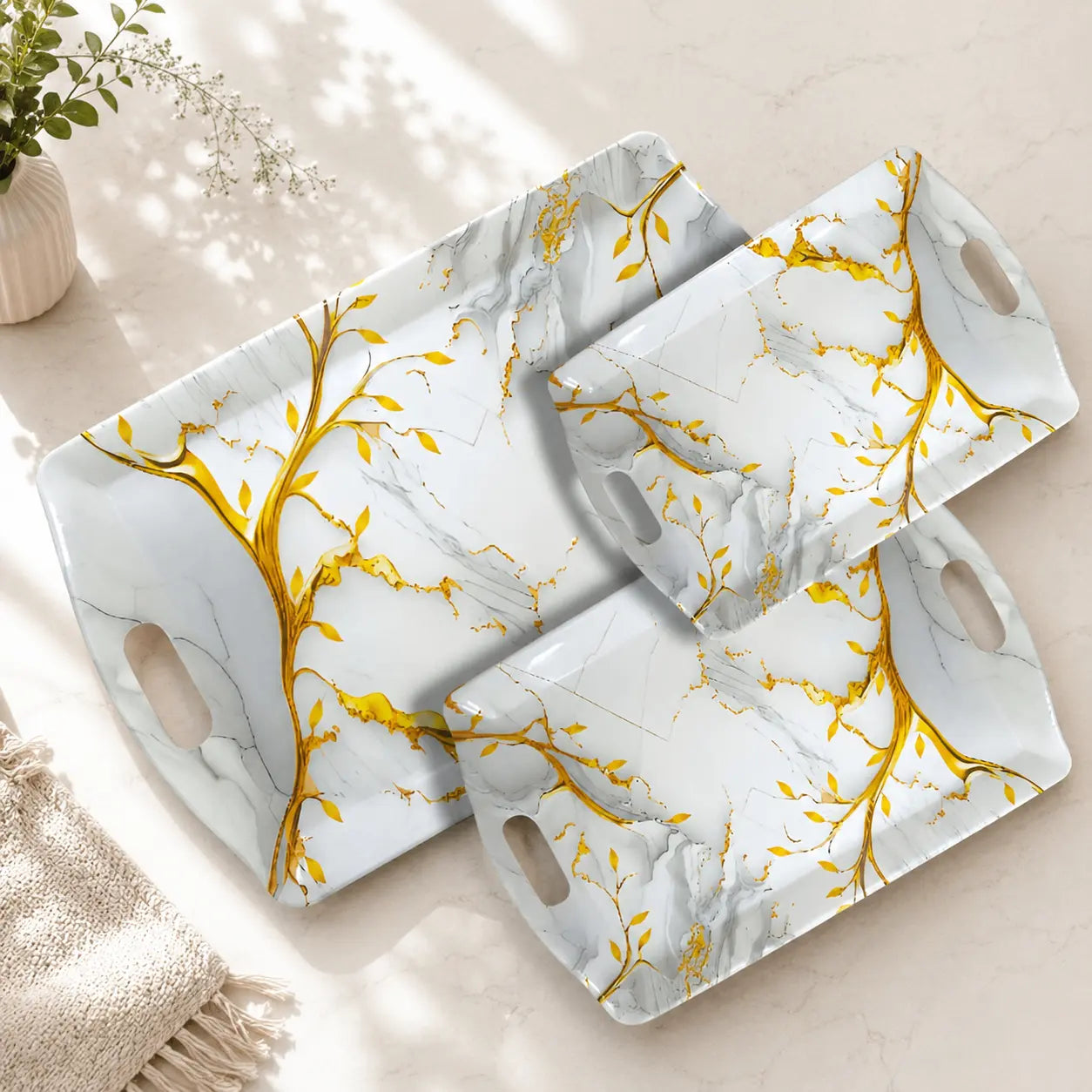 Handle Flower Printed Melamine Serving Tray In 4 Sizes