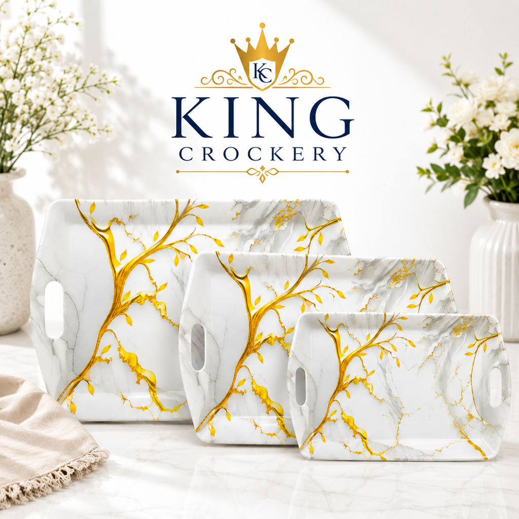 Handle Flower Printed Melamine Serving Tray In 4 Sizes