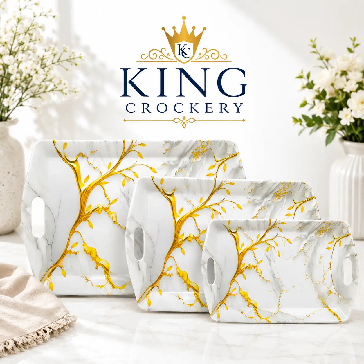 Handle Flower Printed Melamine Serving Tray In 4 Sizes