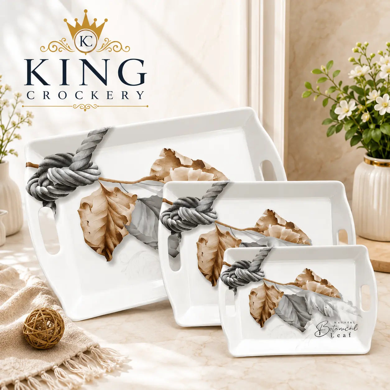 Handle Flower Printed Melamine Serving Tray In 4 Sizes