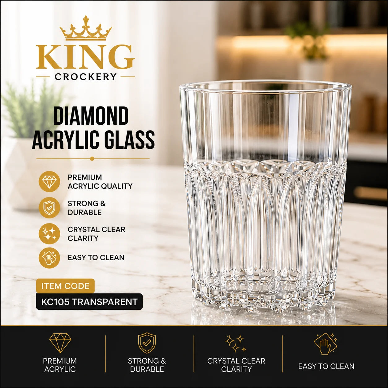 Acrylic Diamond Glass - 250 ml (Unbreakable)