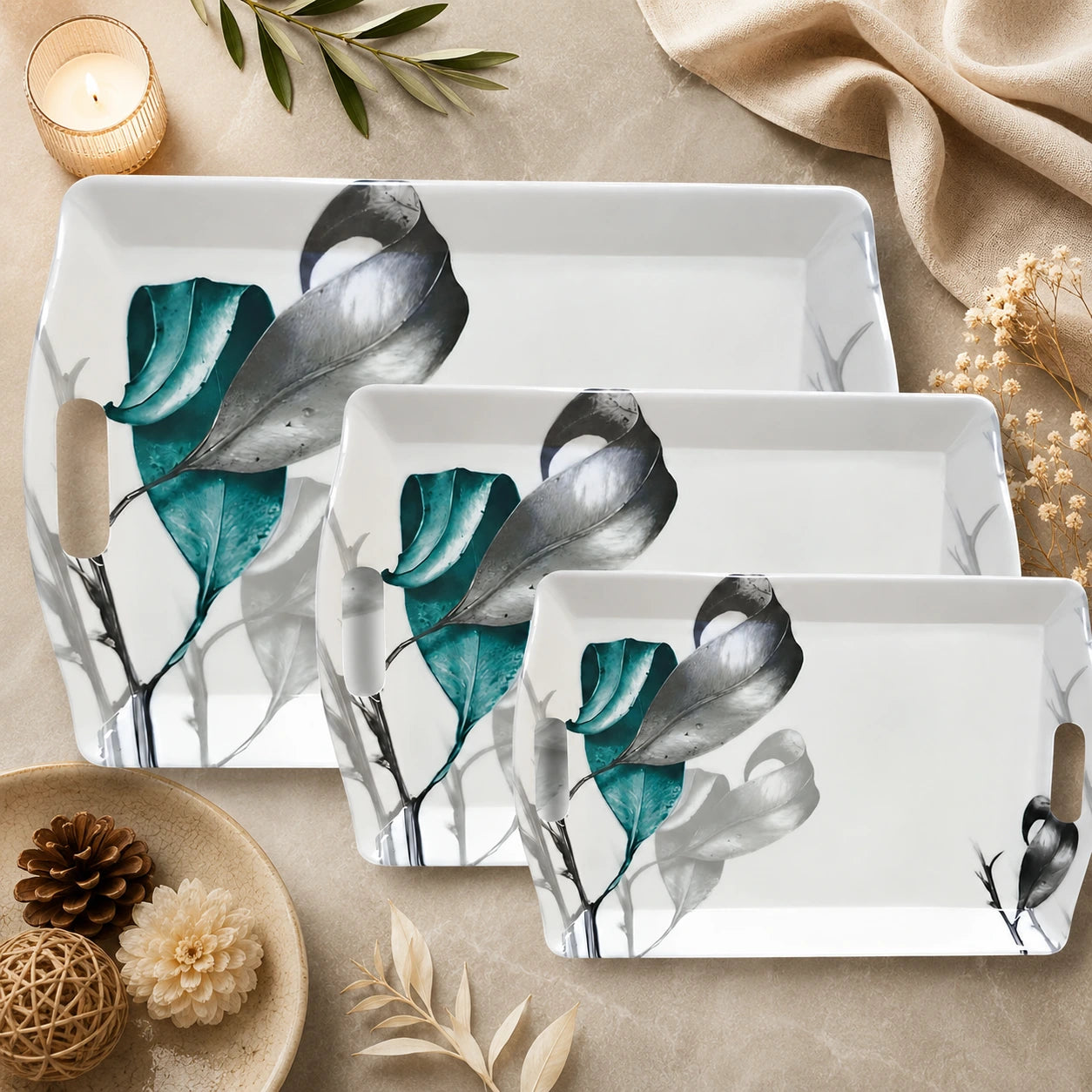 Handle Flower Printed Melamine Serving Tray In 4 Sizes