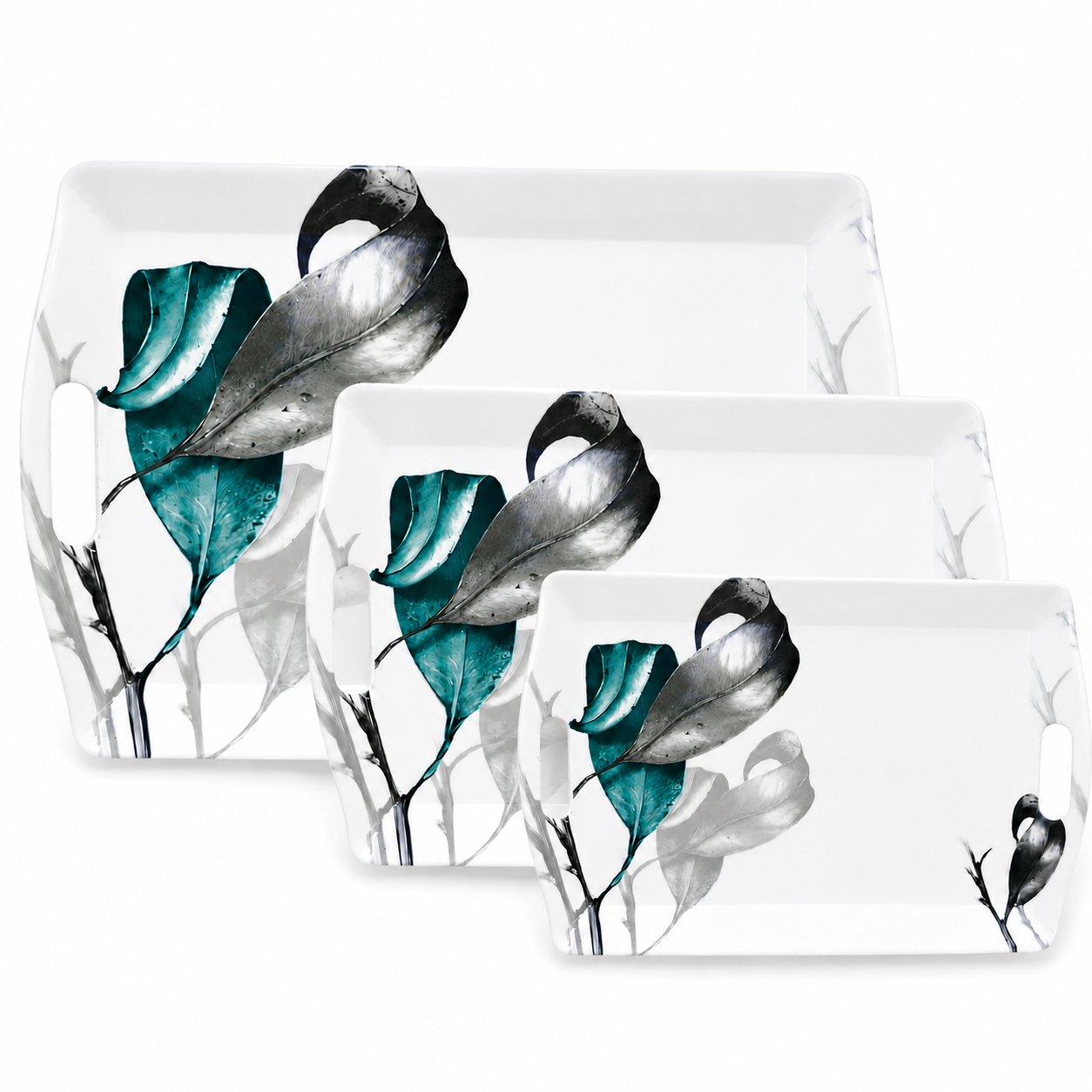 Handle Flower Printed Melamine Serving Tray In 4 Sizes