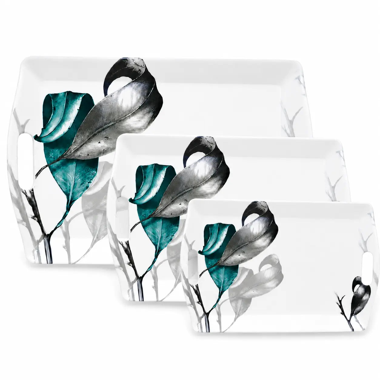 Handle Flower Printed Melamine Serving Tray In 4 Sizes