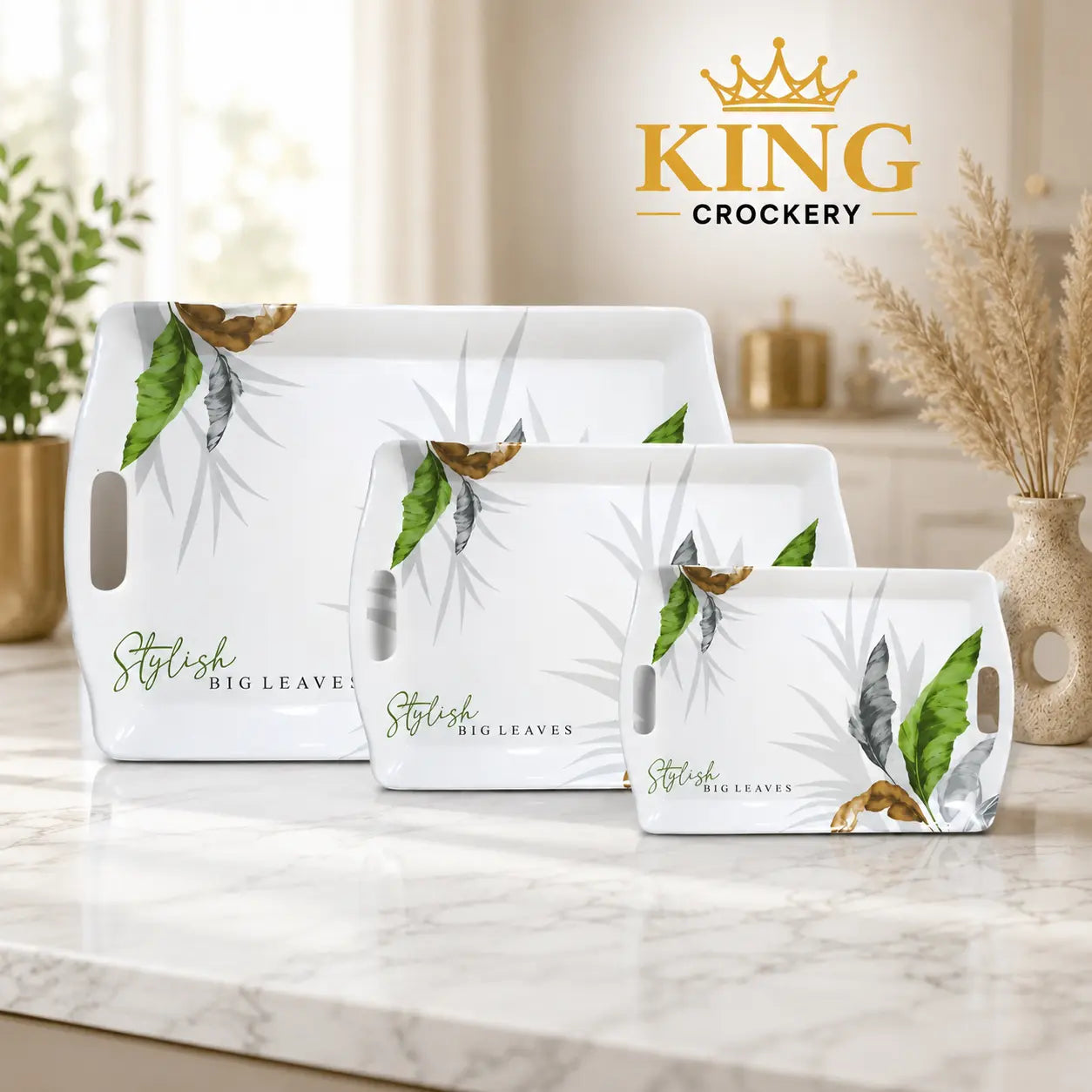 Handle Flower Printed Melamine Serving Tray In 4 Sizes