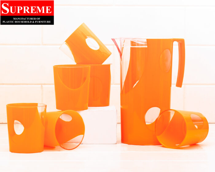 7 Pcs Acrylic Water Set which includes 6 Pcs Tumbler and 1 Pcs Pitcher in Orange Color