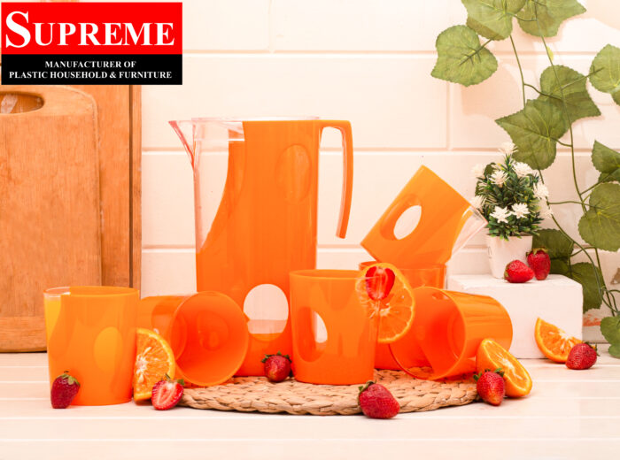 7 Pcs Acrylic Water Set which includes 6 Pcs Tumbler and 1 Pcs Pitcher in Orange Color