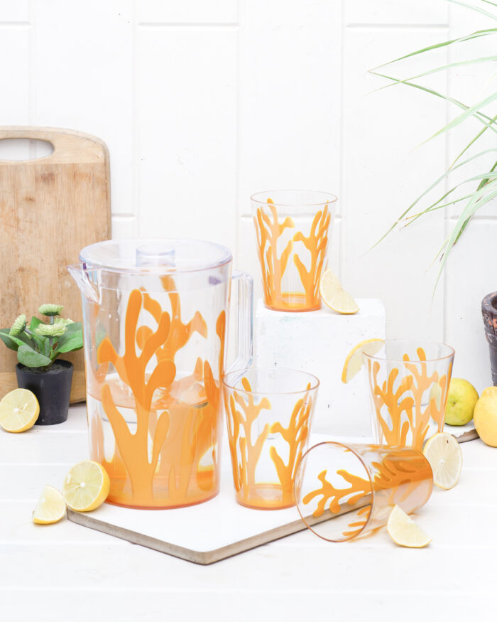 7 Pcs Acrylic Water Set which includes 6 Pcs Tumbler and 1 Pcs Pitcher in Orange Color