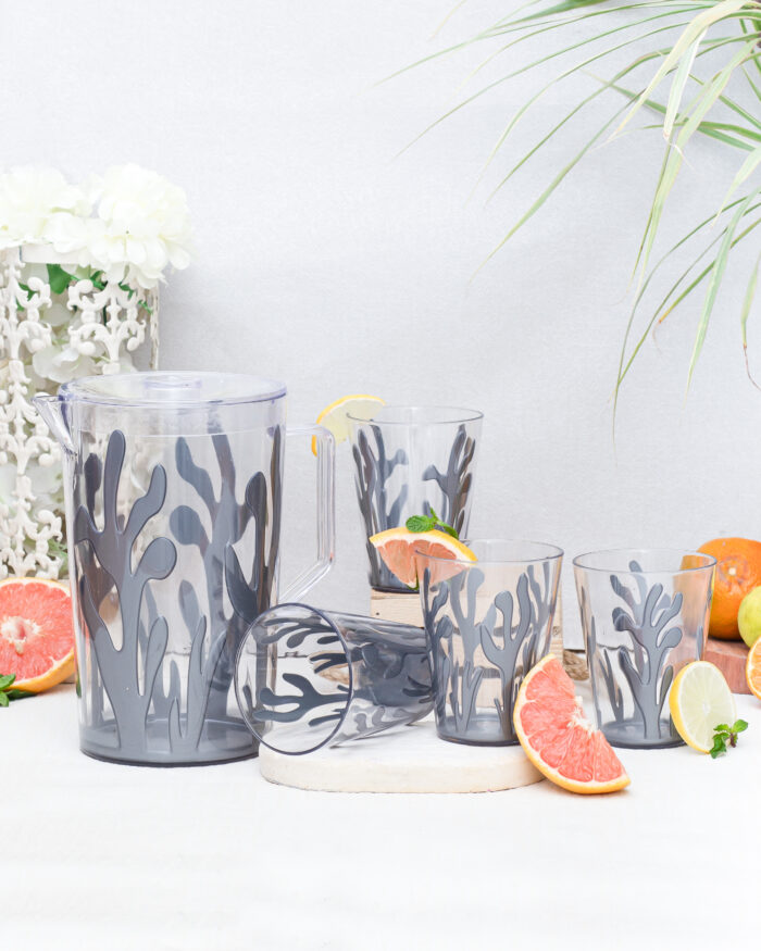 7 Pcs Acrylic Water Set which includes 6 Pcs Tumbler and 1 Pcs Pitcher in Grey Color