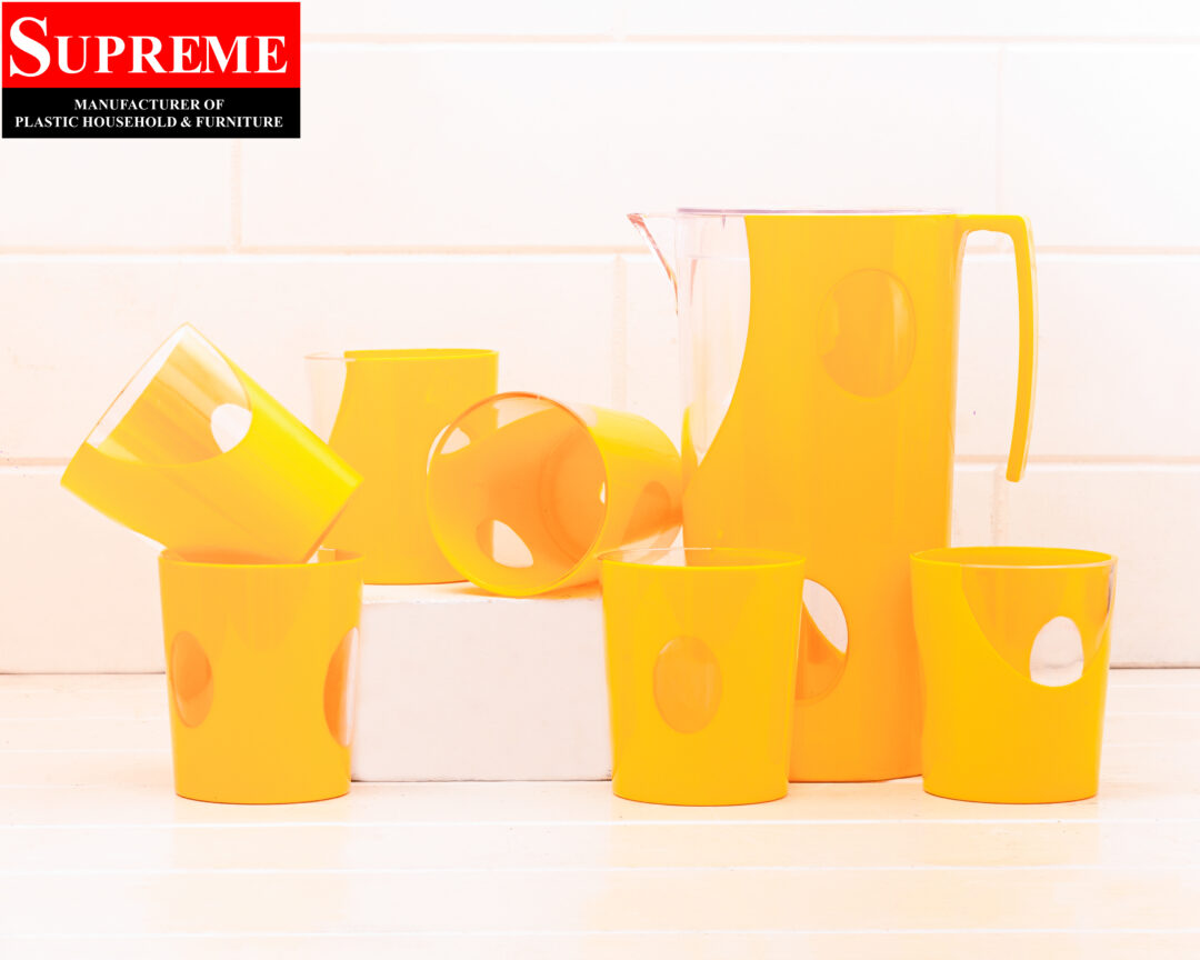7 Pcs Acrylic Water Set which includes 6 Pcs Tumbler and 1 Pcs Pitcher in Yellow Color
