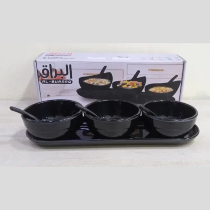 7 Pcs Melamine Soup Piyali, Spoon and Tray Set in Black Color