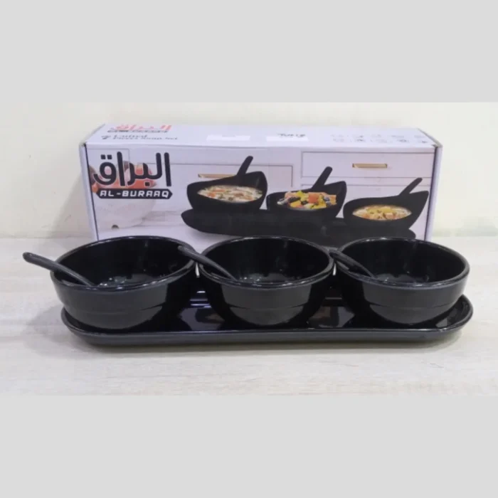7 Pcs Melamine Soup Piyali, Spoon and Tray Set in Black Color