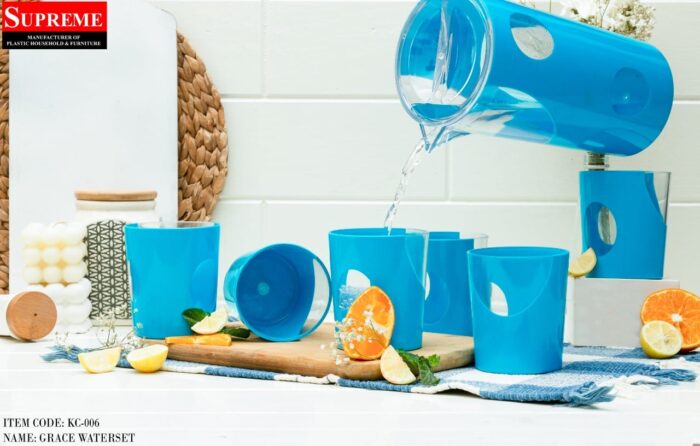 7 Pcs Acrylic Water Set which includes 6 Pcs Tumbler and 1 Pcs Pitcher in Light Blue Color
