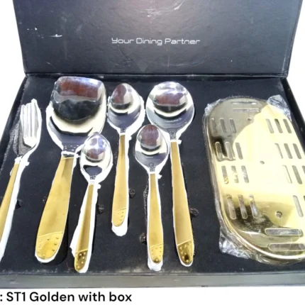 Golden Cutlery Set With Black Box & Golden Stand