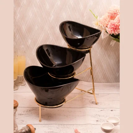 Black Bowl Set 1 Large, 1 Medium & 1 Small with 1 Golden Stand