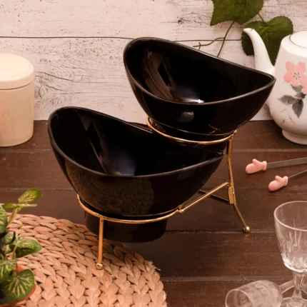 Black Bowl Set – 1 Medium & 1 Small with Golden Stand