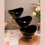 Black Bowl Set – 2 Medium & 1 Small with Golden Stand