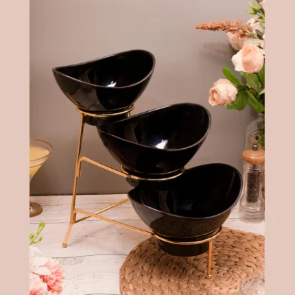Black Bowl Set – 2 Medium & 1 Small with Golden Stand