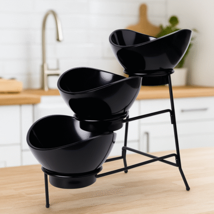 Black Bowl Set – 2 Medium Bowls & 1 Small Bowl with Black Stand