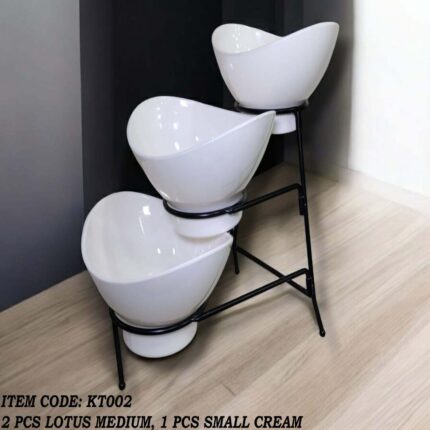 Bowl Set – 2 Medium Bowl & 1 Small Bowl with Black Stand in White Color