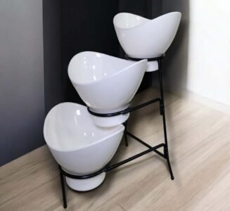 Bowl Set – 2 Medium Bowl & 1 Small Bowl with Black Stand in White Color