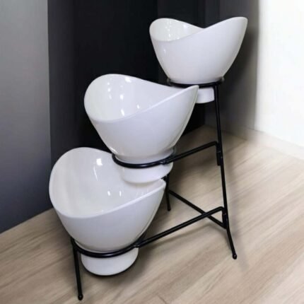 Bowl Set – 2 Medium Bowl & 1 Small Bowl with Black Stand in White Color