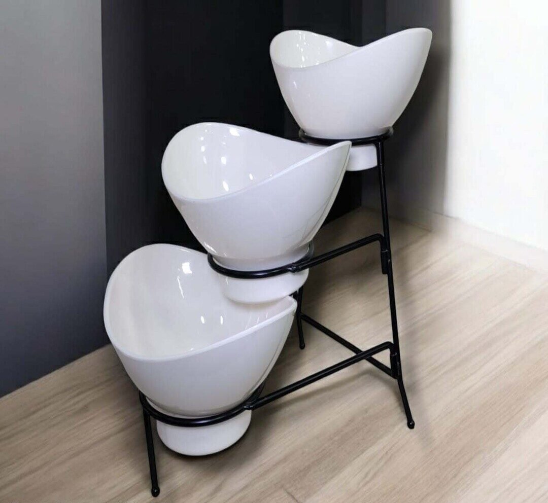 Bowl Set – 2 Medium Bowl & 1 Small Bowl with Black Stand in White Color