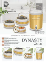 Dynasty Gold Color 4 Pcs Gift Set which Includes 3 Hot Pots and 1 Cooler