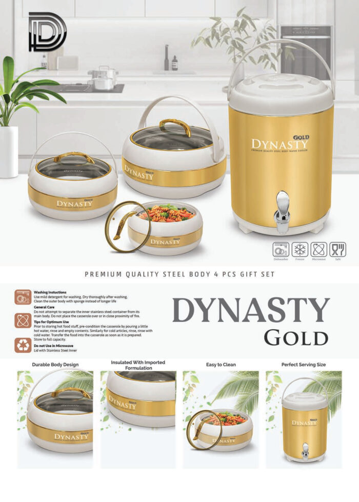 Dynasty Gold Color 4 Pcs Gift Set which Includes 3 Hot Pots and 1 Cooler
