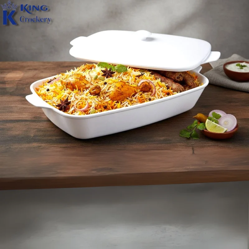 Melamine White Color Roaster With Lid For Serving
