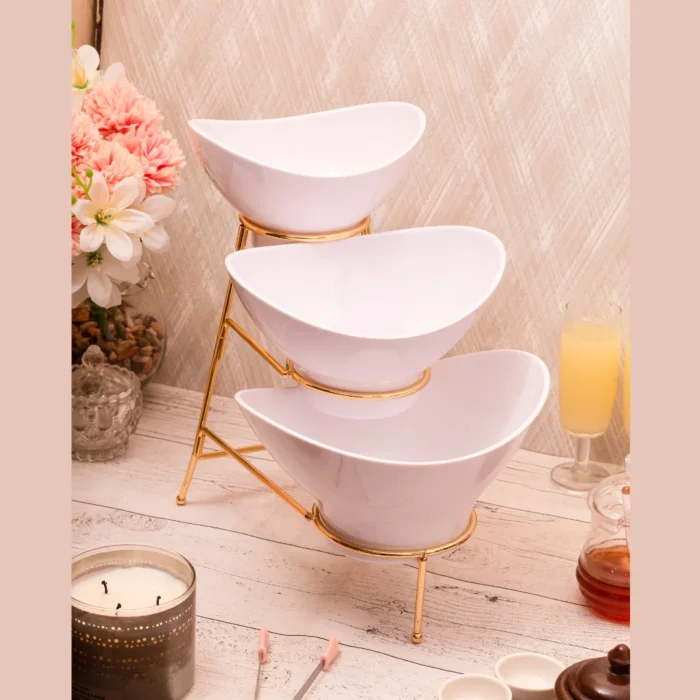 White Bowl Set – 1 Large, 1 Medium & 1 Small with Golden Stand