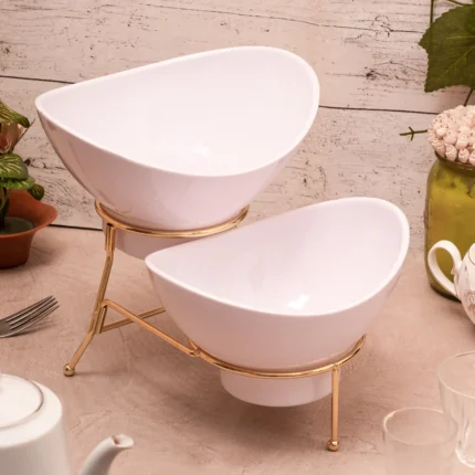 White Bowl Set – 1 Medium & 1 Small with Golden Stand