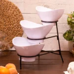 White Bowl Set – 2 Medium & 1 Small with Black Stand