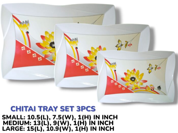 3 Pieces Melamine Chitai Printed Serving Tray Set