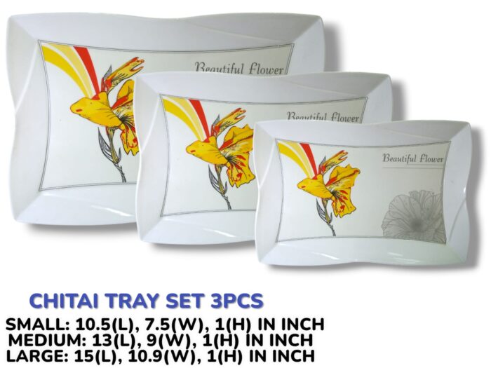 3 Pieces Melamine Chitai Printed Serving Tray Set