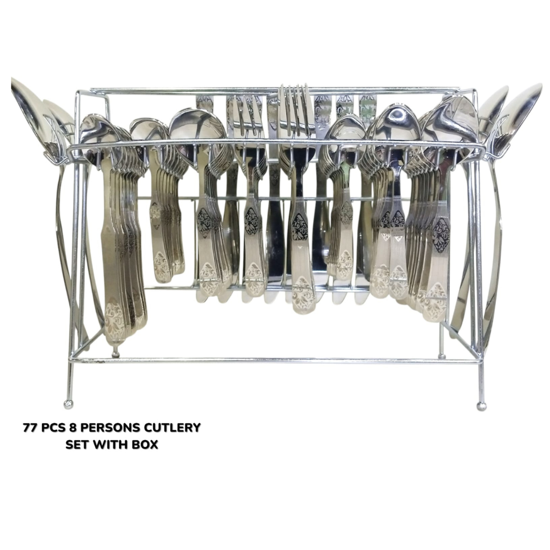 77 Pcs Stainless Steel Flatware Set With Box (2) 8 Persons 77 Pcs Dining and Serving Cutlery Set With Box