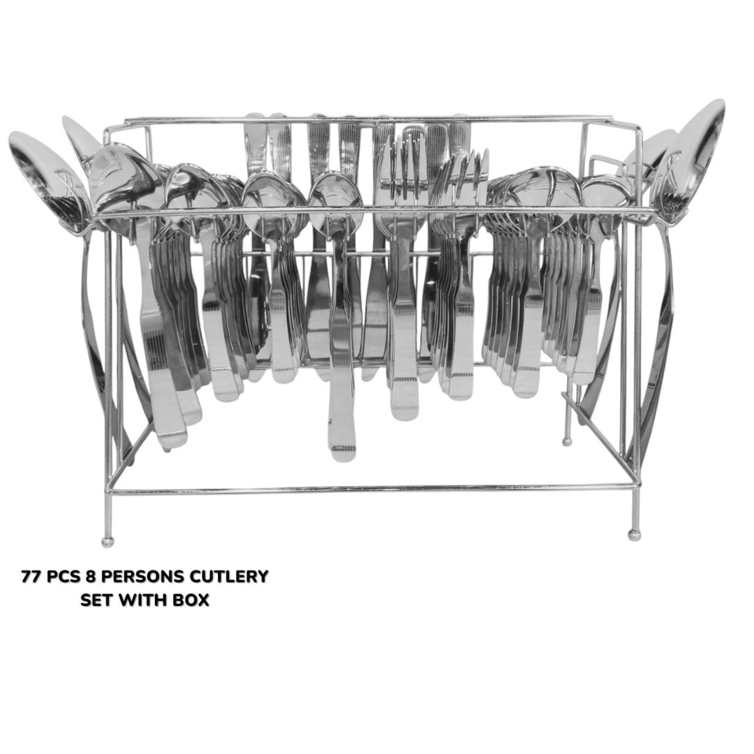 77 Pcs Stainless Steel Flatware Set With Box (3) 77 Pcs 8 Persons Stainless Steel Cutlery Set With Box