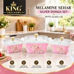 Printed Melamine Sehar Silver 3 Piece Donga Set With Glass Lid - Image 8