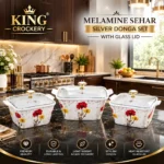 Printed Melamine Sehar Silver 3 Piece Donga Set With Glass Lid - Image 4