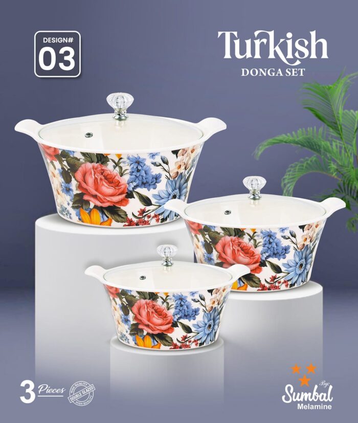 Printed Donga 3 Pcs Set With Lid For Serving