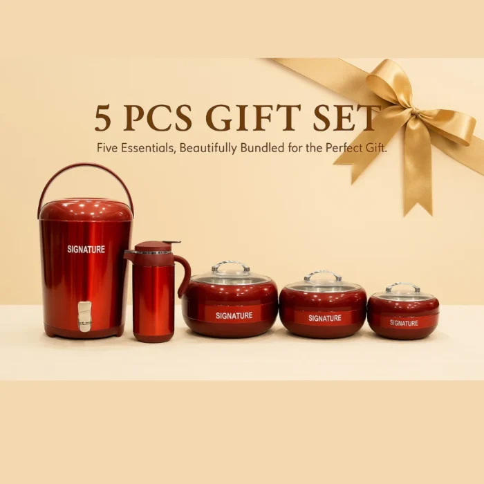Signature 5-Piece Gift Pack Red Color which Includes 3 Hot Pots + 1 Cooler + 1 Thermos