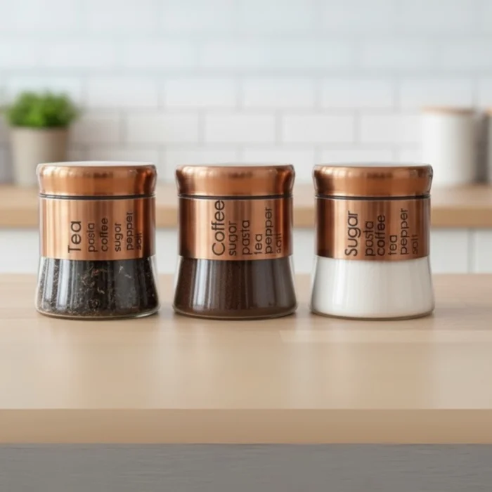 3 pcs glass canister set with metal coating for kitchen storage