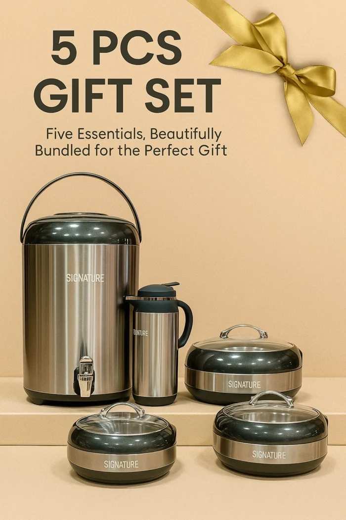 Signature Grey Color 5-Piece Gift Pack Color which Includes 3 Hot Pots , 1 Cooler and 1 Thermos