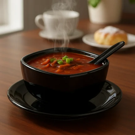 melamine 3 pcs soup set which includes soup piyali soup spoon and saucer in black color