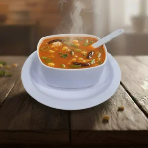 melamine 3 pcs soup set which includes soup piyali soup spoon and saucer in white color