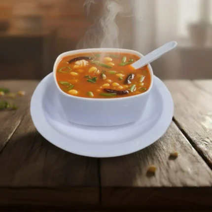 melamine 3 pcs soup set which includes soup piyali soup spoon and saucer in white color